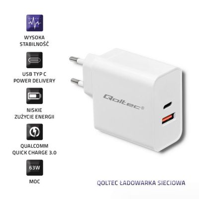 3. QOLTEC Wandladegerät 63 W | 5–20 V | 1,5–3 A | USB Typ C PD | USB QC 3.0 | Weiß
