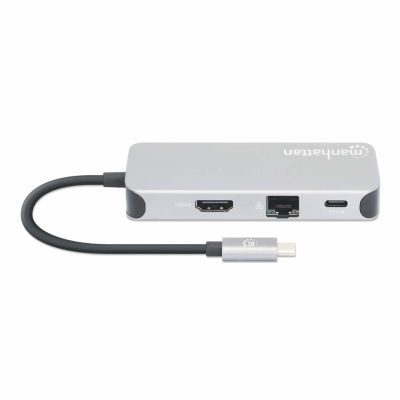 6. MANHATTAN 8-in-1 USB-C Dockingstation mit USB 3.2 Gen 1 Power Delivery, Typ-C Stecker auf HDMI Buchse, drei USB-A Anschlüssen, Gigabit RJ45 Anschluss, USB-C Power Delivery Anschluss, SD/MicroSD Kartenleser, Aluminium, Space Grau (13061)