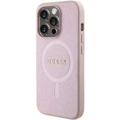 2. Guess Saffiano MagSafe Hülle für iPhone 15 Pro – Rosa