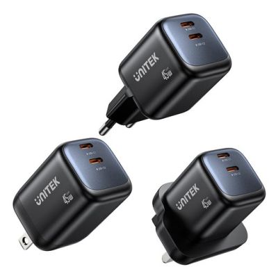 4. UNITEK 2x GAN 45W Ladegerät, 2x USB-C PD 3.0, QC, Schwarz