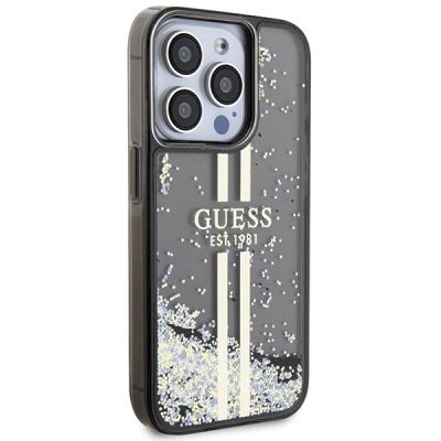 4. Guess Liquid Glitter Gold Stripes Hülle für iPhone 15 Pro – Schwarz