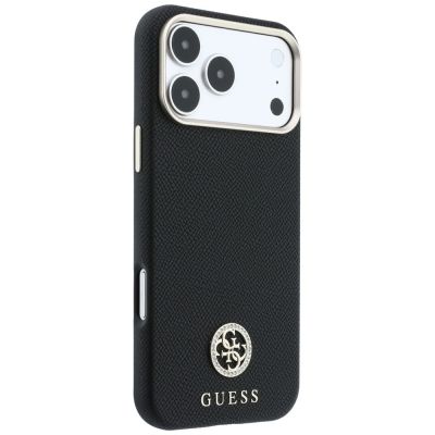 4. Guess MagSafe Hülle mit genarbtem, rundem Strass-Logo für iPhone 18 Pro / 17 Pro – Schwarz