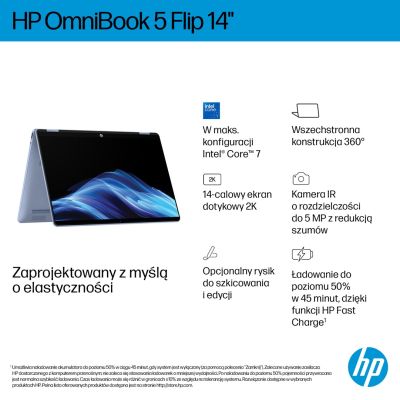 8. HP OmniBook 5 Flip 14-fp0004nw Core 5 120U 14" 2K Touch IPS 300 Nits 16 GB LPDDR5 5200 SSD512 Intel Grafikkamera 1080p 68 Wh Windows 11 Blue Sky 2 Jahre