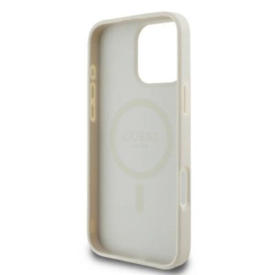7. Guess MagSafe Hülle mit Pfingstrosen-Schriftzug für iPhone 16 Pro – Weiß