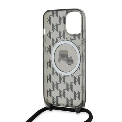 6. Karl Lagerfeld IML Crossbody Monogram Karl & Choupette Head MagSafe Hülle für iPhone 15 / 14 / 13 – Schwarz