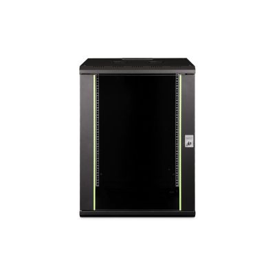 20. Einzigartiger 19-Zoll-Netzwerkschrank (16 HE) zur Wandmontage, 600 x 600 mm, Glastür, schwarz, ungeteilt, montiert, 100 kg