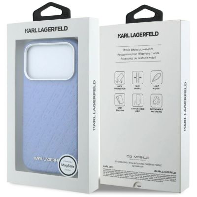 8. Karl Lagerfeld MagSafe-Schutzhülle aus Metall mit genarbtem Allover-Logo für iPhone 17 Pro / 18 Pro – Blau
