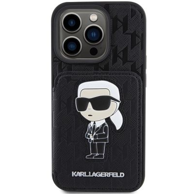 3. Karl Lagerfeld Saffiano Cardslots and Stand Monogram Ikonik Patch Hülle für iPhone 15 Pro – Schwarz