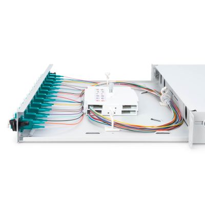 18. FO-Patchpanel mit Ausstattung 19 Zoll 1 HE, 12x LC DX, OM3, Anschlusskabel, Adapter, Einschubfächer, verschiebbar, grau