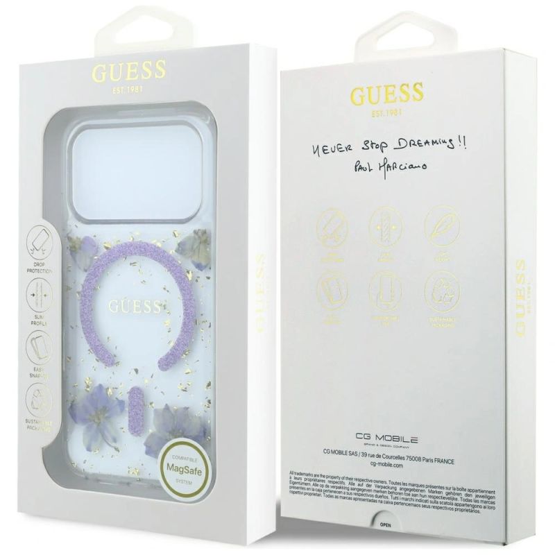 8. Guess Resin Flowers Glitter MagSafe Hülle für iPhone 18 Pro Max / 17 Pro Max - Lila