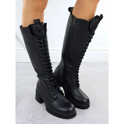 9. Damen-Lederstiefel im Offiziersstil mit Schnürung und Blockabsatz, schwarz, Vinceza 66804