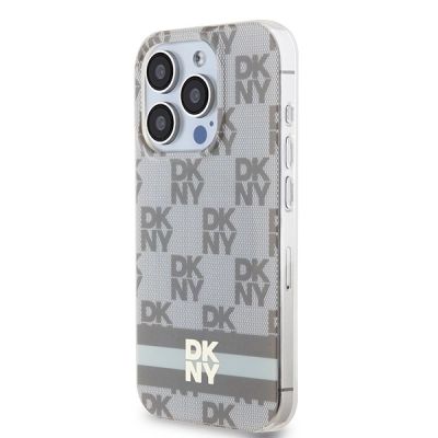 2. DKNY IML Checkered Mono Pattern & Printed Stripes MagSafe-Hülle für iPhone 15 Pro – Beige