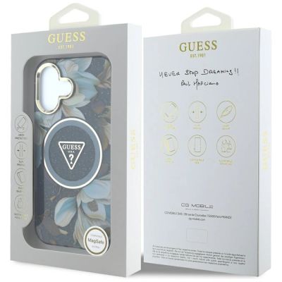 8. Guess Glitter Flowers Triangle Buttons MagSafe Hülle für iPhone 16 schwarz
