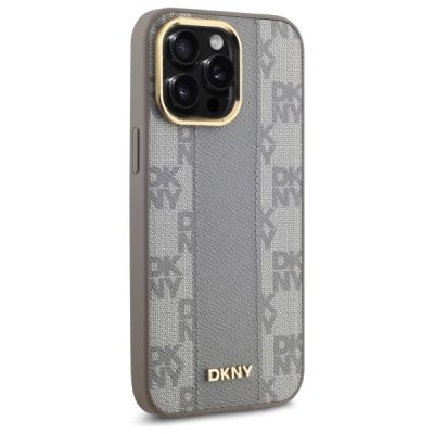 4. DKNY Leather Checkered Mono Pattern MagSafe-Hülle für iPhone 14 Pro Max – Beige
