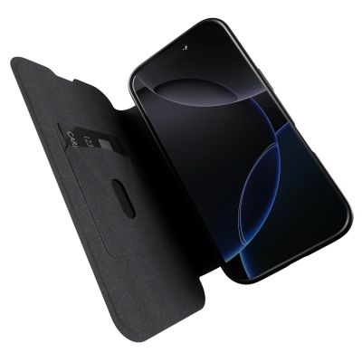 9. Puro Book Mag MagSafe Lederhülle mit Flip und Kartensteckplatz für iPhone 16 Pro – Schwarz