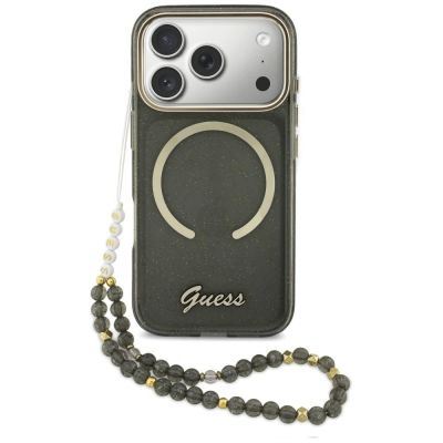 Guess IML Glitters Script Strap MagSafe Hülle für iPhone 17 Pro - Schwarz