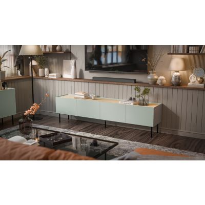 3. FELLINI TV-Schrank 200x40x52, olivgrün + geölte Eichenplatte