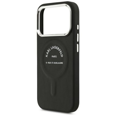6. Karl Lagerfeld MagSafe Hülle mit geprägtem offenem Ring und RSG-Logo für iPhone 17 Pro Max / 18 Pro Max – Schwarz