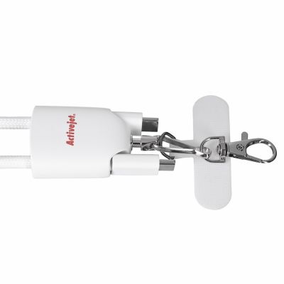 4. Activejet 3-in-1-Lanyard (weiß) mit Ladekabel. Erhältlich mit verschiedenen Anschlüssen: USB-C, Lightning-Adapter, USB-A.