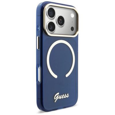 4. Guess IML Script Metal MagSafe Hülle für iPhone 17 Pro - Blau