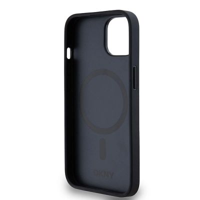 7. DKNY MagSafe-Hülle aus Leder mit Monogrammmuster und Metalllogo für iPhone 15/14/13 – Schwarz