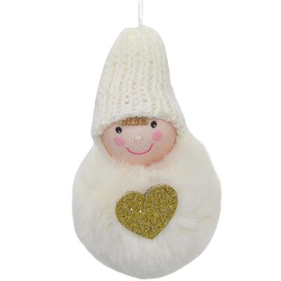 7. Dekorative Puppe mit Herz, 8 cm, mit Hut und Fell, weiß