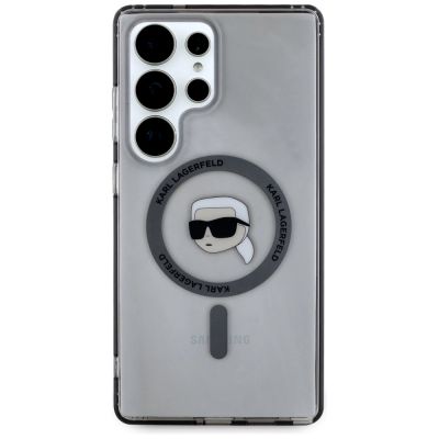 9. Karl Lagerfeld Button Karl Head gedrucktes Logo MagSafe Samsung Galaxy S25 Ultra Hülle schwarz