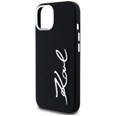 6. Karl Lagerfeld Silikon Metall Script Logo iPhone 15 Hülle - Schwarz