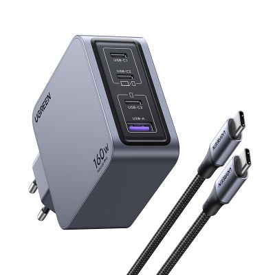 3. Ugreen Nexode Pro 160W GaN-Ladegerät mit USB-C-Kabel, Universal, Schwarz/Grau, AC-Schnellladung, intern