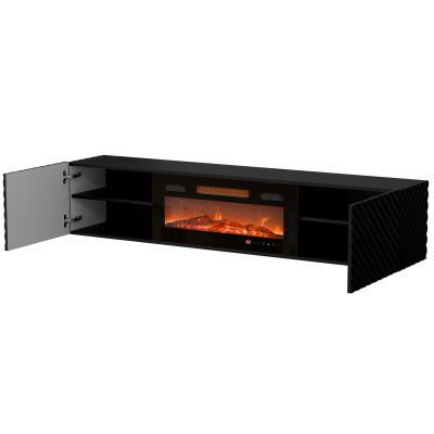 6. LARA TV-Schrank 183x35x37 schwarz matt + schwarzer Kamin
