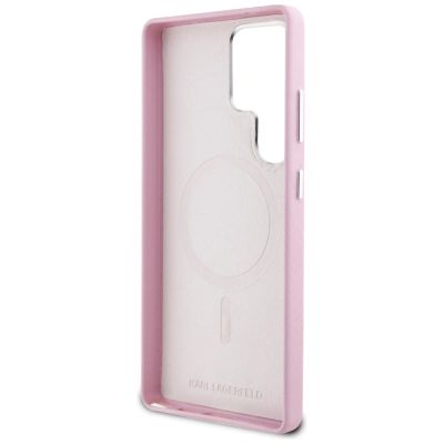 7. Karl Lagerfeld Saffiano Vollumwickelte MagSafe Hülle mit länglichem Metalllogo für Samsung Galaxy S25 Ultra - Rosa