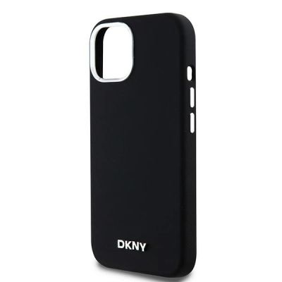 6. DKNY Flüssigsilikon-MagSafe-Hülle mit kleinem Metalllogo für iPhone 15 Plus / 14 Plus – Schwarz