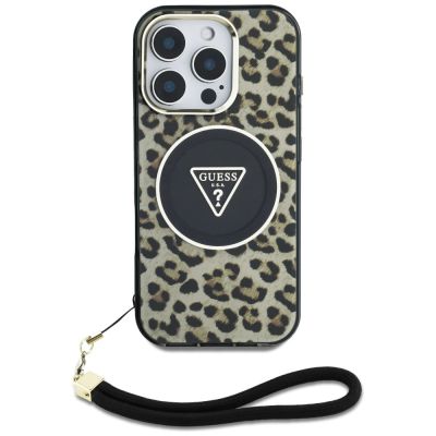 2. Guess HC IML Leopard Triangle Cord Strap MagSafe Case für iPhone 16 Pro - Braun