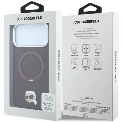 8. Karl Lagerfeld mit Ring Stand 360 Karl Head Pin MagSafe Hülle für iPhone 18 Pro / 17 Pro - bordeauxrot