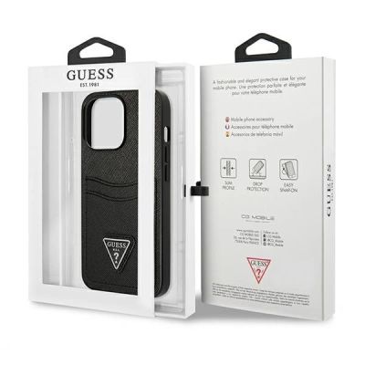 8. Guess Saffiano Triangle Logo Kartenfach Hülle für iPhone 13 / 13 Pro - Schwarz