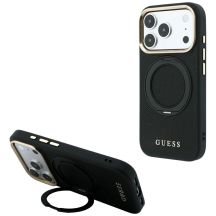 Guess Ring Stand 360 Grained Classic Logo MagSafe Hülle für iPhone 18 Pro Max / 17 Pro Max - Schwarz