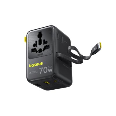 3. Baseus EnerCore CG11 70W 6-in-1 Reiseadapter mit einziehbarem USB-C-Kabel – Schwarz