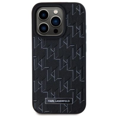 3. Karl Lagerfeld MagSafe-Hülle aus Leder mit Monogramm und Metalllogo für iPhone 15 Pro – Schwarz