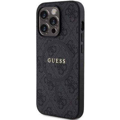 2. Guess 4G Collection MagSafe-Hülle aus Leder und Metalllogo für iPhone 14 Pro Max – Schwarz