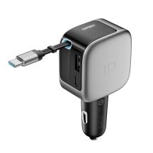 Cuktech CC903P 100W Kfz-Ladegerät mit Display und 70 cm langem, einziehbarem USB-C-Kabel – Grau