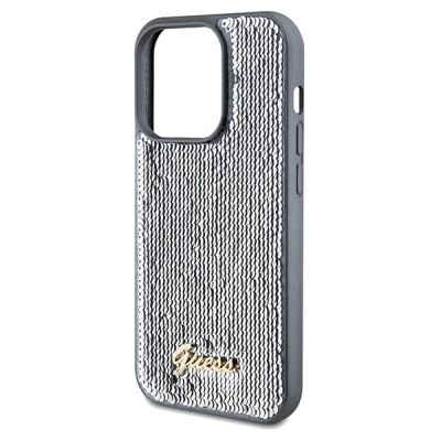 6. Guess Pailletten-Schriftzug-Metallgehäuse für iPhone 14 Pro Max – Silber