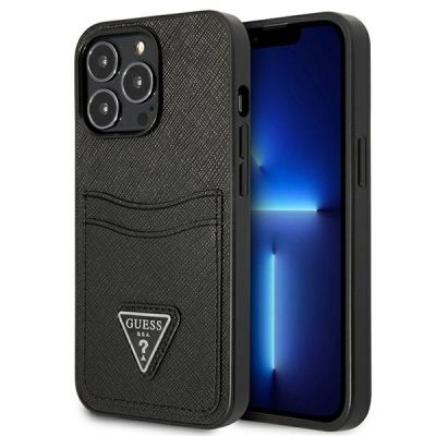 Guess Saffiano Triangle Logo Kartenfach Hülle für iPhone 13 / 13 Pro - Schwarz