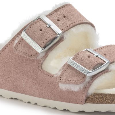 2. Birkenstock Arizona Wildleder Lammfell Pink Clay LAF Schmale isolierte Pantoletten (1023258)
