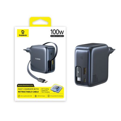 5. Baseus EnerCore CJ11 100W Wandladegerät mit USB-A- und USB-C-Anschlüssen und einziehbarem USB-C-Kabel – Schwarz