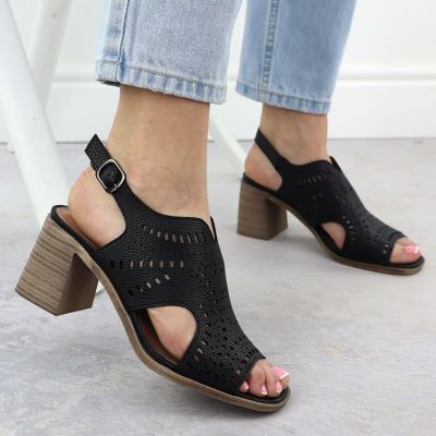 7. Schwarze, durchbrochene Damen-Sandalen mit hohem Absatz, Jezzi 24125