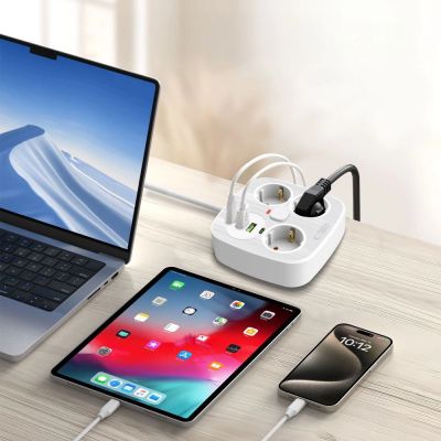 4. Tech-Protect PCS3X4 Steckdosenleiste, 3 Steckdosen, 2xUSB-A, 2xUSB-C 200 cm - weiß