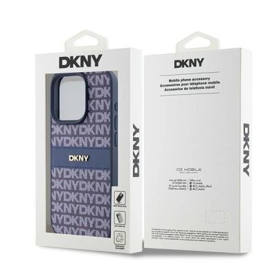 8. DKNY Lederhülle mit Monostreifen und Metalllogo für iPhone 15 Pro – Blau