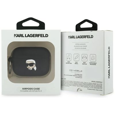4. Karl Lagerfeld Silikonhülle mit Karl-Lagerfeld-Kopf (3D) für AirPods Pro 3 – Schwarz