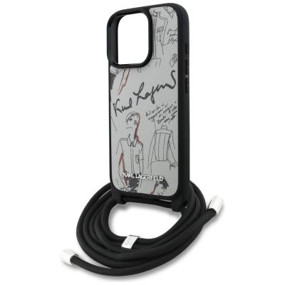5. Karl Lagerfeld Crossbody-Hülle mit genarbtem Muster und Logo für iPhone 16 Pro Max – Grau