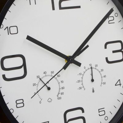 6. 30 cm Wanduhr mit Thermometer, schwarz